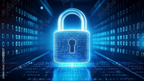 Digital padlock security on binary code background for cybersecurity concept, data encryption and network protection in glowing blue