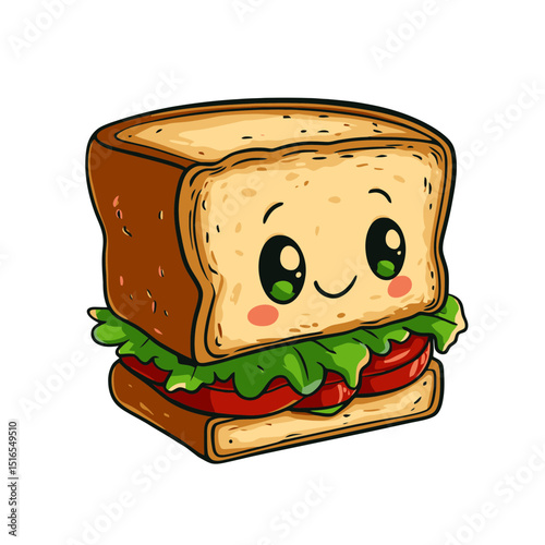 Cartoon sandwich character icon featuring a smiling face with vibrant ingredients in a simple flat design style