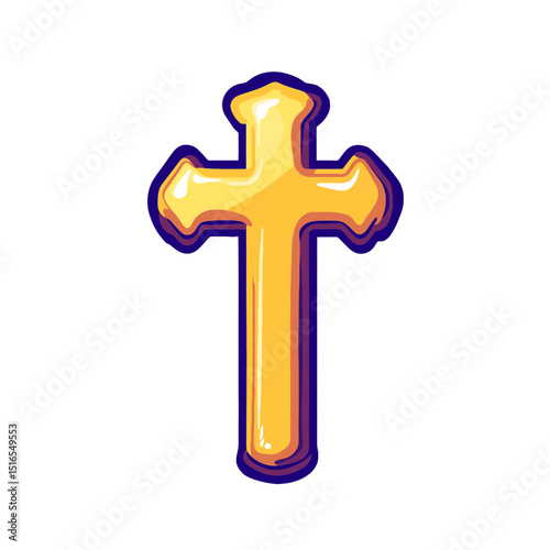 Bright yellow cartoon cross icon in flat style with purple outline, suitable for graphic design and digital projects