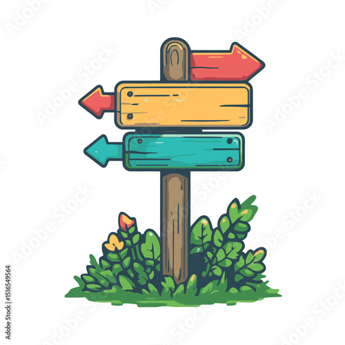 Signpost icon with colorful arrows pointing in different directions situated among green foliage