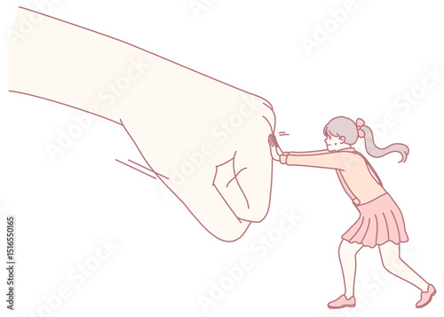 A whimsical illustration shows a girl pushing against a giant hand, reflecting her determination and spirit