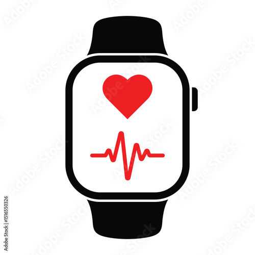 Smartwatch with heart rate vector icon. ECG line, fitness tracker, wearable device, health monitoring, digital watch, heartbeat sensor. Black and red illustration isolated on white background.
