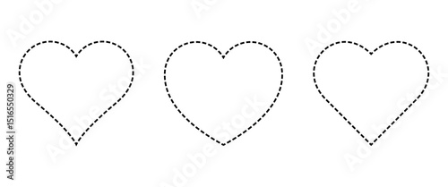 Dashed line heart outline vector icon set. Romantic love, Valentine’s Day, wedding, or craft design element. Black dashed hearts isolated on white background.