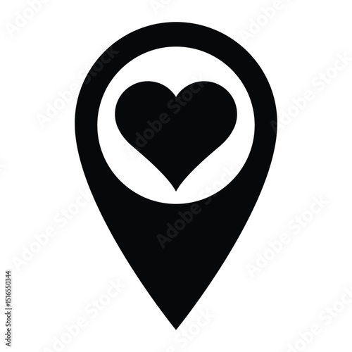 Heart location pin vector icon. Love map marker, romantic navigation symbol, favorite place tag, dating app design element. Black silhouette isolated on white background.