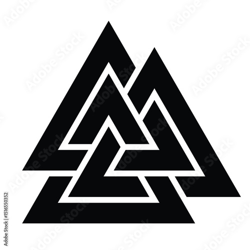 Valknut Norse symbol vector illustration. Viking mythology icon, Odin symbol, ancient Scandinavian design, Nordic pagan emblem, black silhouette isolated on white background.