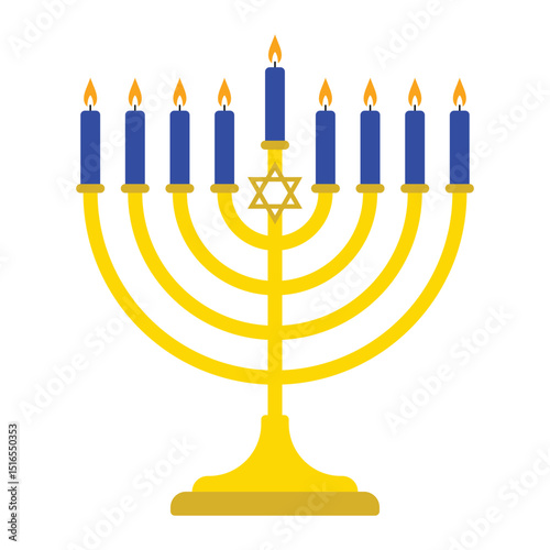 Hanukkah menorah with blue candles and Star of David vector illustration. Jewish holiday, Hanukkah celebration, festival of lights symbol. Colorful design isolated on white background.