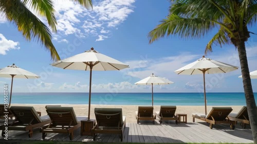 Tropical beach scene featuring lounge chairs, sun umbrellas, palm trees, clear blue sky, turquoise ocean, and white sand