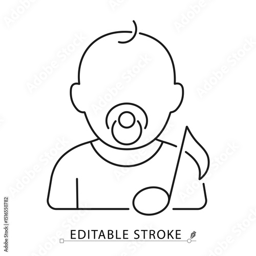 Baby icon with pacifier and music note in minimal black outline style on white background. Editable stroke vector for lullaby, baby sleep, relaxation, nursery sound or musical care.baby lullaby.