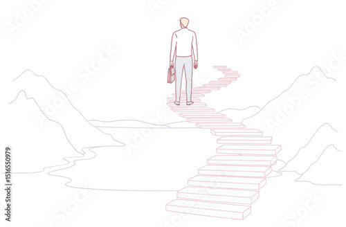 An inspiring illustration depicting a determined man walking up steps toward success against a scenic mountain backdrop