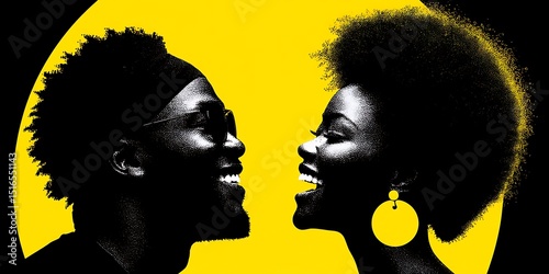 Black Couple Smiling, Yellow Background