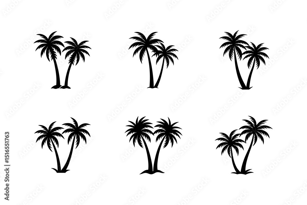 Naklejka premium double palm trees curved trunks vector silhouette