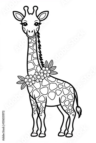 Coloring page of a cute giraffe with flowers isolated on white background