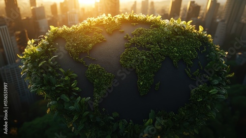 Acreative miniature world model of the Earth with detailed green continents surrounded by thriving foliage in urban city setting at sunset