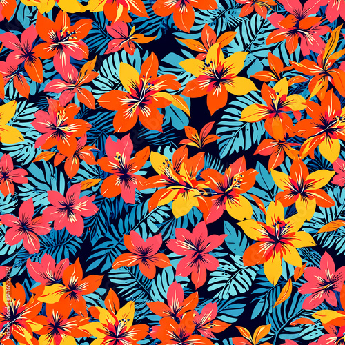 Colorful floral pattern with tropical flowers and leaves on dark background  