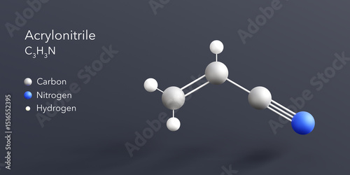 Fototapeta Naklejka Na Ścianę i Meble -  acrylonitrile molecule 3d rendering, flat molecular structure with chemical formula and atoms color coding