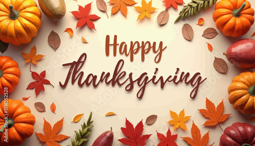 Happy Thanksgiving: Pumpkins and Autumn Leaves Flat Lay