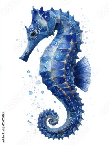 A vibrant blue seahorse is illustrated against a white background, showcasing detailed patterns on its body. The aquatic creature curls its tail, surrounded by light splashes of water.