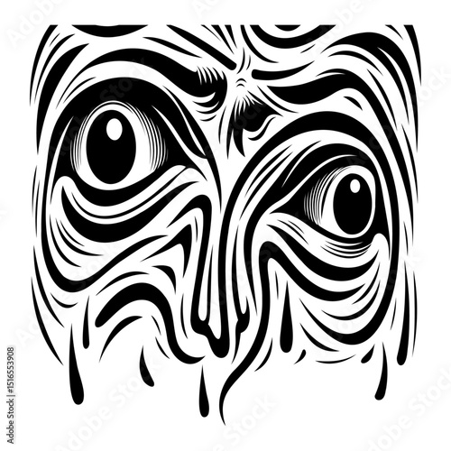 Abstract face with large expressive eyes and tears in black and white artistic sketch.