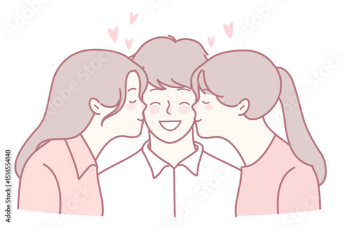 A colorful and cheerful illustration depicts two friends playfully kissing a smiling boy, exemplifying joyfulness