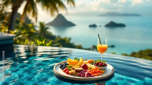 a floating breakfast tray with tropical fruits and orange juice in a pool with ocean view