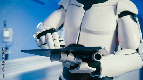 Close-up of humanoid robot interacting with digital tablet using mechanical fingers while standing before MRI scanner. Machine navigating interface or reviewing scan instructions in medical setting. photo