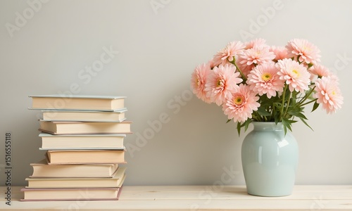 Wallpaper Mural Rustic Books with Delicate Pink Chrysanthemums in Teal Vase Creating Peaceful Study Corner Against Beige Background Torontodigital.ca
