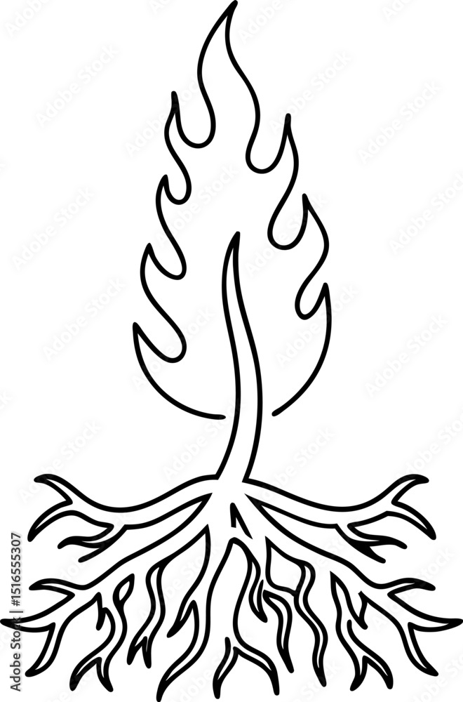 Obraz premium Stylized flame emerging from intricate root system abstract nature, fire and earth concept illustration