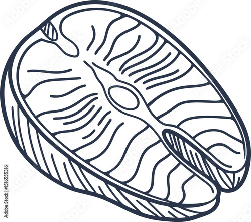 Raw salmon steak slice illustration hand drawn fish fillet, seafood protein source, outline healthy food
