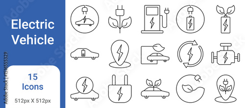 Electric Vehicle Icon Set – EV, Charging Station, Battery, Eco Transport, Green Energy, Sustainable Mobility