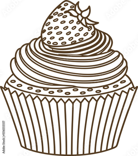 Cupcake with strawberry topping sweet dessert, bakery treat, swirled frosting, delicious snack, pastry illustration