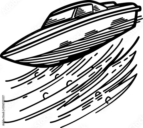 Speedboat cruising swiftly on water, hand drawn sketch fast motorboat adventure, dynamic waves, marine travel illustration