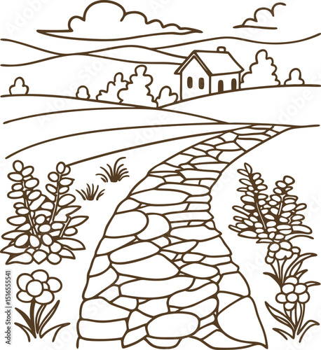 Country stone path winding to cottage rural landscape, house, hills, flowers, tranquil scene line drawing