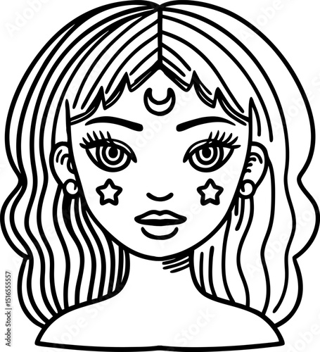 Young woman with celestial face art, crescent moon on forehead, star cheeks, outlined fantasy portrait illustration