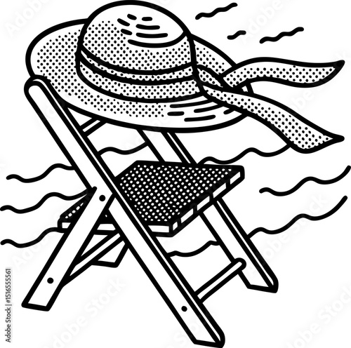Beach chair with sun hat and flowing ribbon summer vacation relaxation, seaside leisure, coastal lifestyle concept