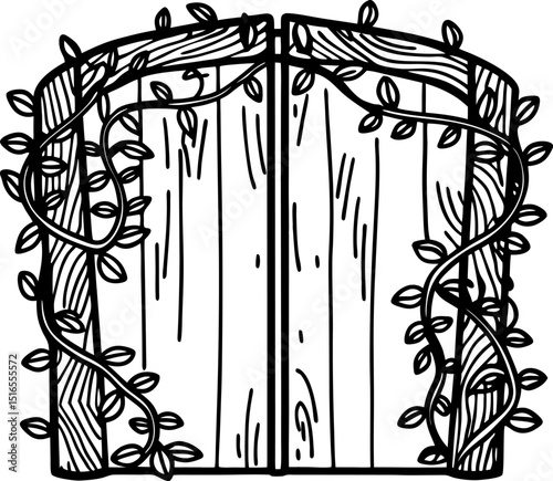Wooden garden gate with climbing vines and leaves, rustic nature entrance, botanical border illustration
