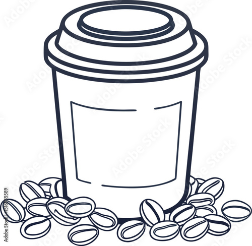 Takeaway coffee cup and roasted coffee beans disposable drink container with lid, simple black line illustration