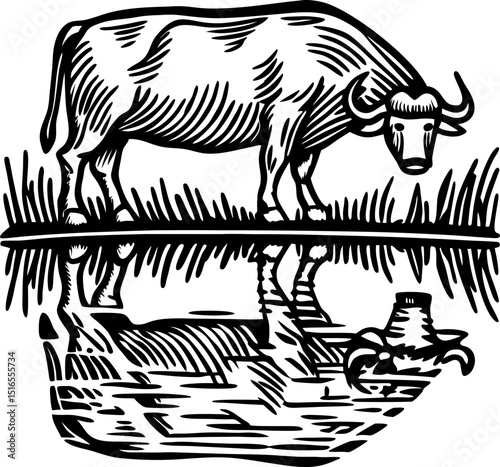 Buffalo standing by water with reflection, woodcut rural farm animal, traditional livestock drawing