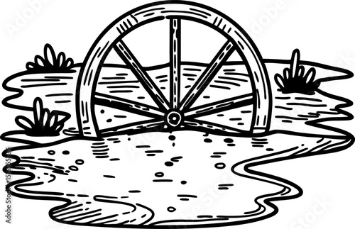 Old wooden wagon wheel stuck in muddy puddle, rural landscape with grass and water, countryside obstacle concept