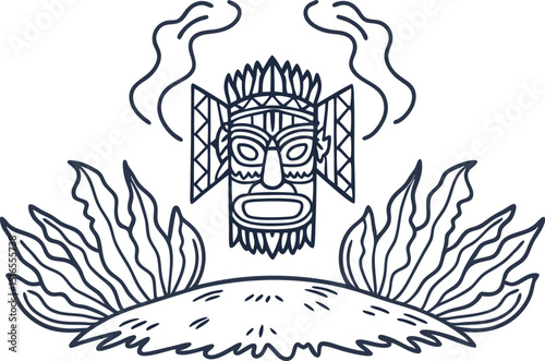 Tribal mask with decorative feathers and geometric patterns cultural ritual mask icon, ethnic design illustration