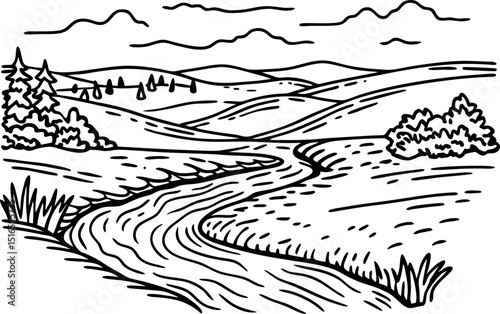 Winding river flowing through vast countryside with rolling hills, trees, shrubs, grass and distant mountains