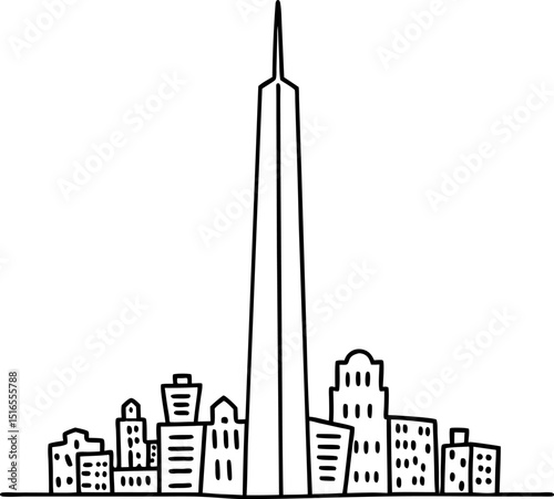 Modern urban skyline with tall central tower and surrounding city buildings minimalist black line drawing