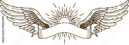 Elegant vintage banner with spread wings and sunburst blank ribbon, retro angelic decoration, ornate illustration