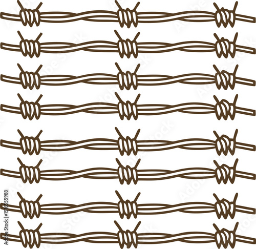 Barbed wire pattern illustration repetitive linear metal security fence concept, protective sharp barrier design