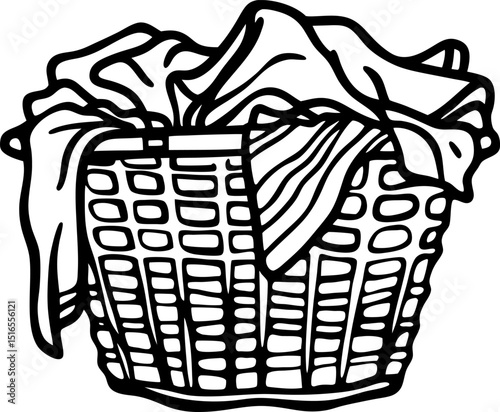 Laundry basket filled with clothes hand drawn outline of overflowing washing hamper for cleaning and organization concepts