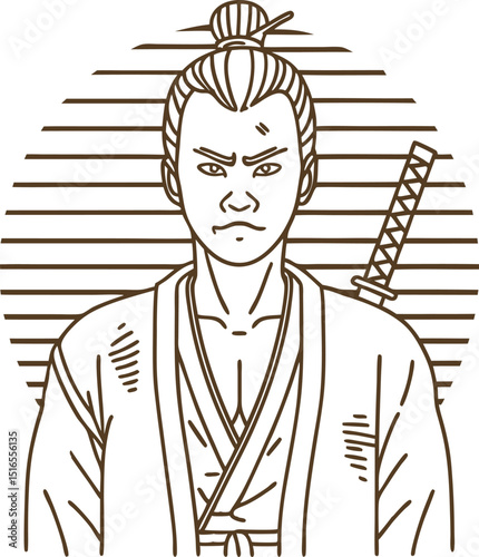 Serious samurai warrior in traditional kimono with sword focused japanese fighter portrait, linear illustration