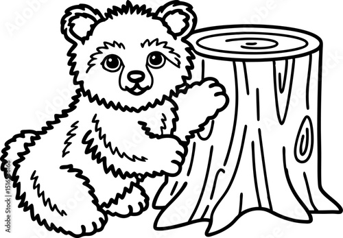 Cute baby bear cub playing with tree stump adorable furry animal sitting, forest woodland wildlife coloring illustration