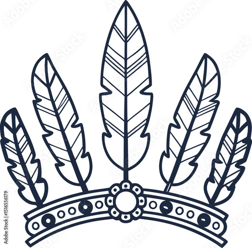 Traditional feather headdress illustration five detailed plumes on ornate ceremonial headband, tribal culture symbol