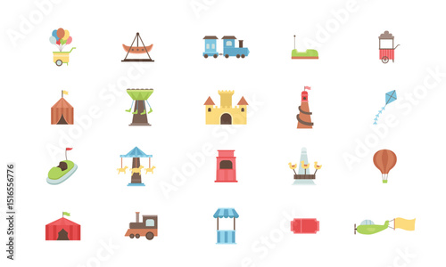 carnival and amusement park icons collection featuring rides, tents, balloons, food carts, tickets, and festival elements