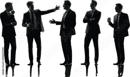 Silhouette of Businessmen in Discussion, Professional Men in Suits, Group Communication, Leadership, Corporate Interaction, Confident Business Team.
