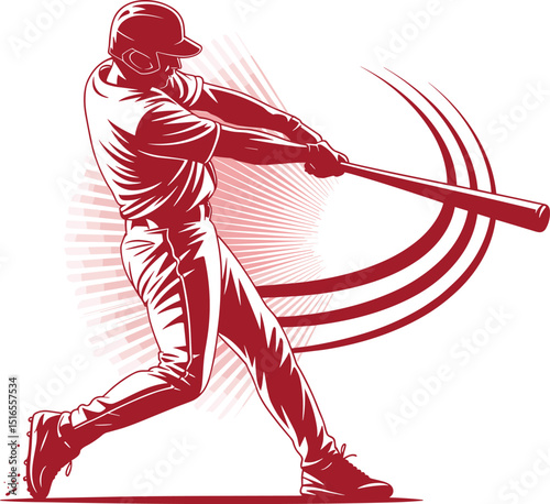 Dynamic Baseball Player Swinging Bat, Sports Action Illustration, Athletic Performance, Red Monochrome Design, Powerful Motion, Focused Energy.